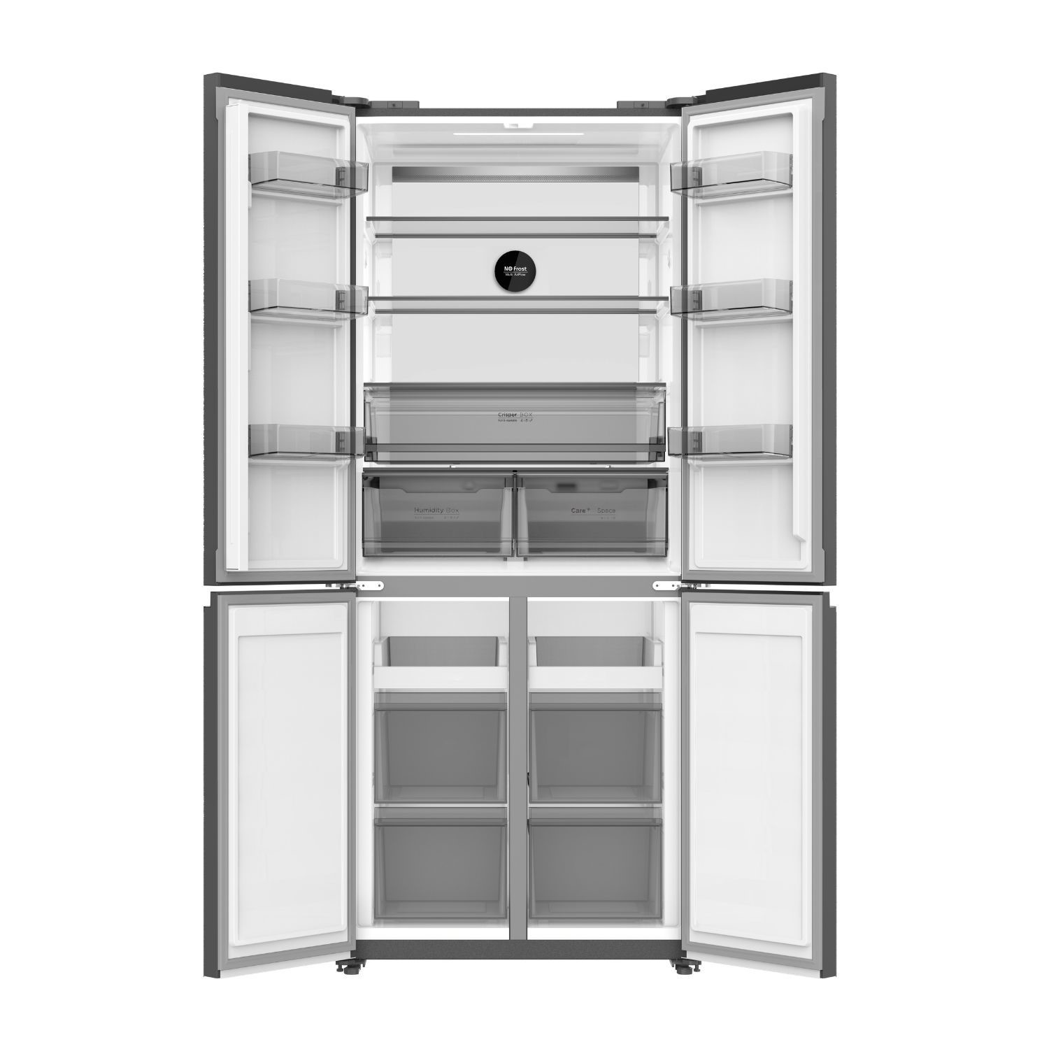 DeSantii four door fridge freezer with all doors open showing the fridge and freezer storage