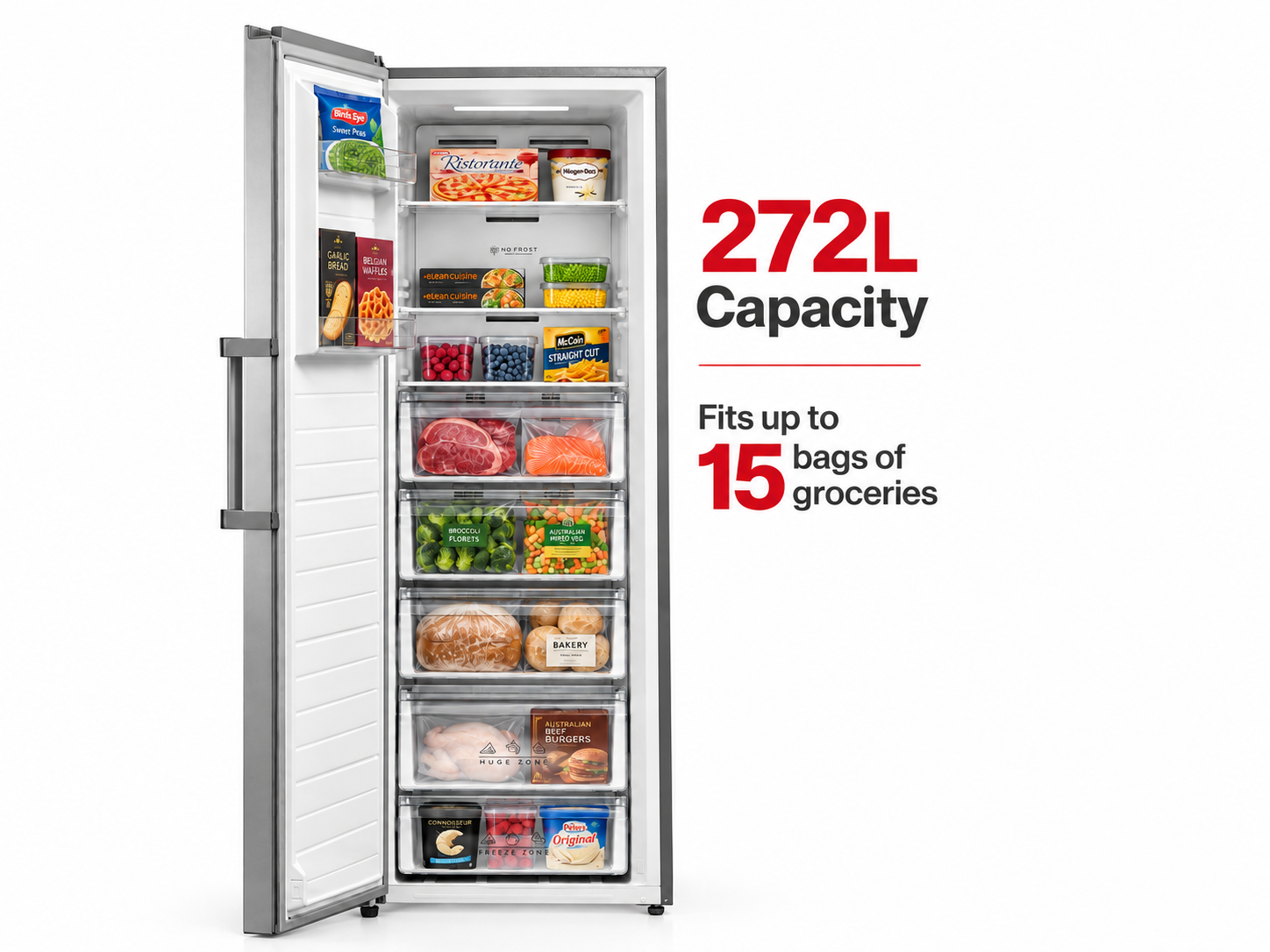 DeSantii 272 litre upright freezer open and full of food