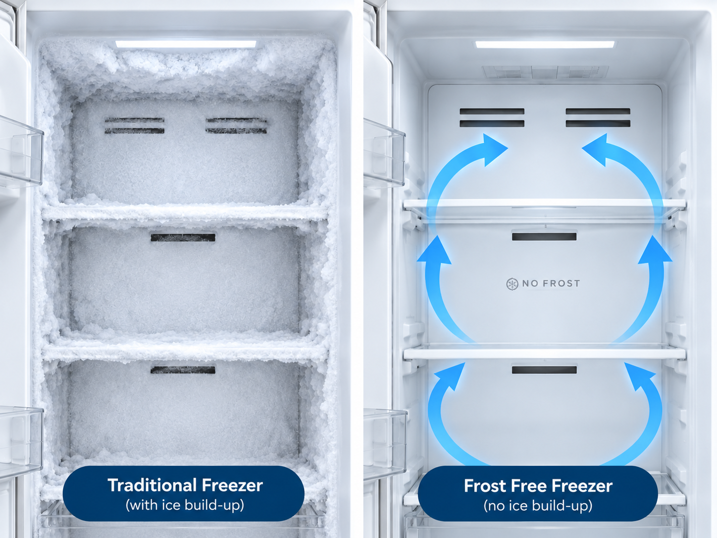 Comparison of a freezer with ice build-up and the frost free DeSantii freezer