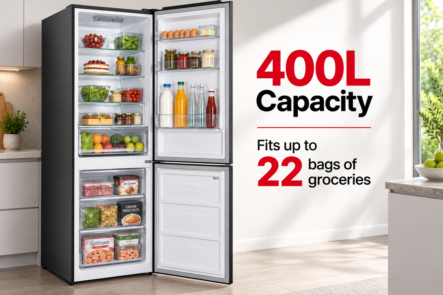 DeSantii 400 litre fridge freezer open and full of food