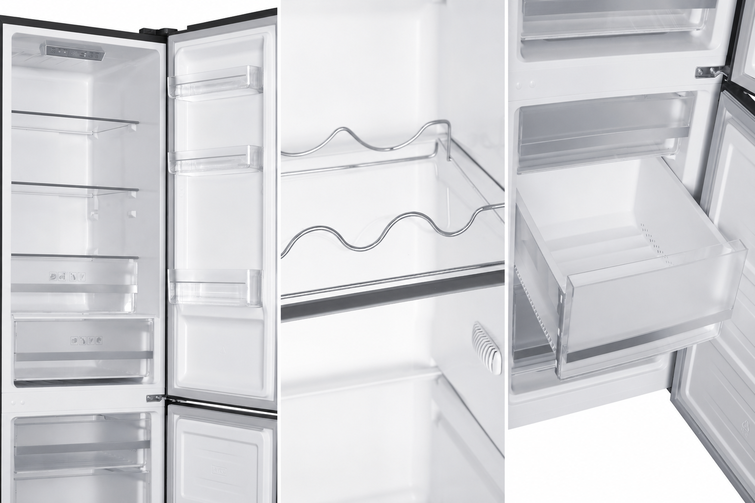 Wine rack, shelves and drawers inside the DeSantii fridge freezer