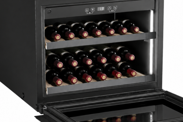 Bottles on beech wood shelves inside the DeSantii 19 bottle wine cooler