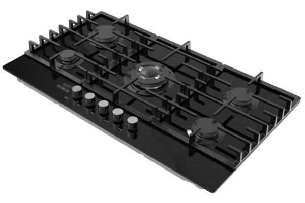 electriQ 90cm 5 Burner Gas on Glass Hob - Black