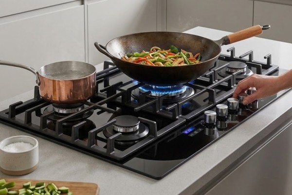 electriQ 90cm 5 Burner Gas on Glass Hob - Black