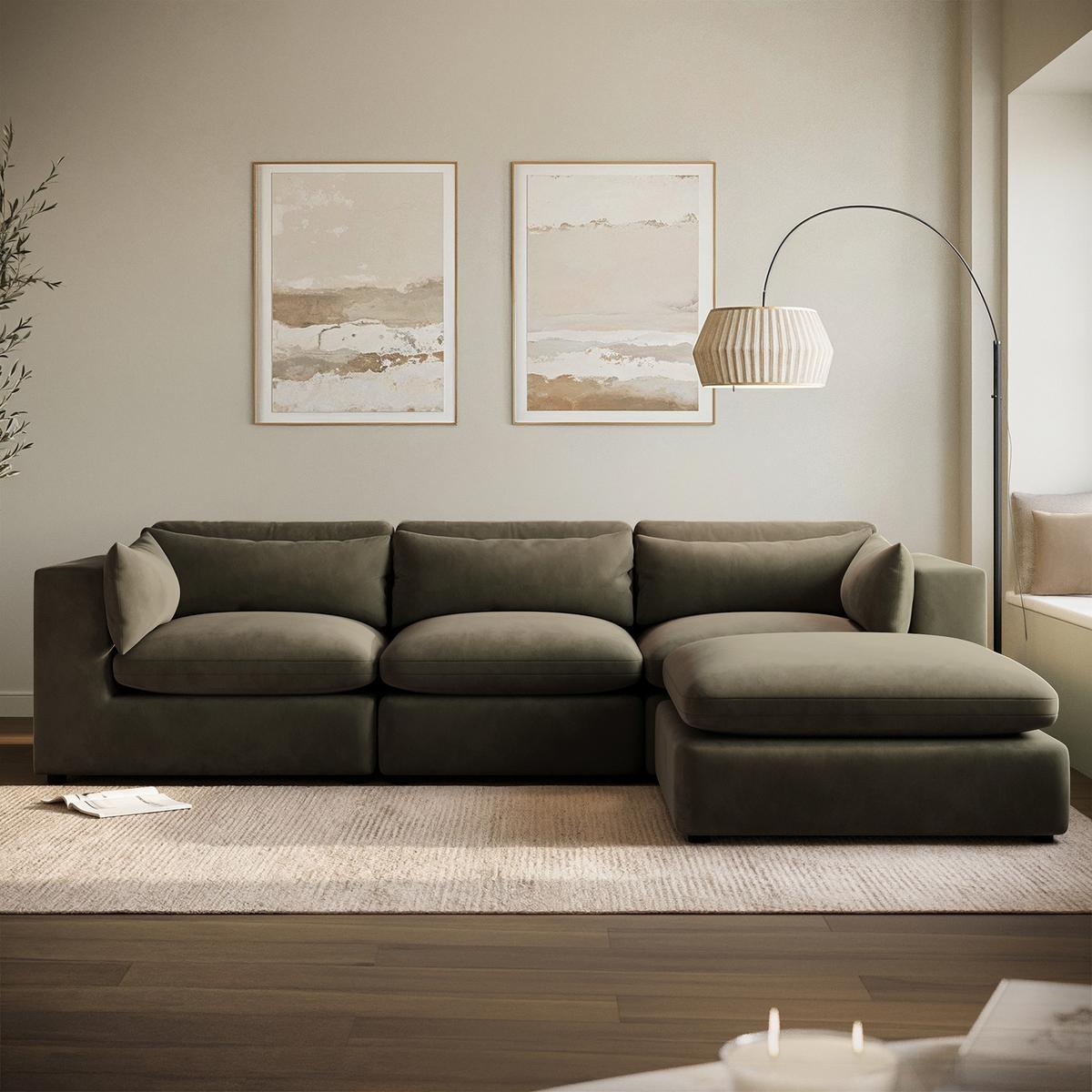 GRADE A2 - Large Khaki Green Velvet Reversible 4 Seater Chaise Corner Sofa - Hudson