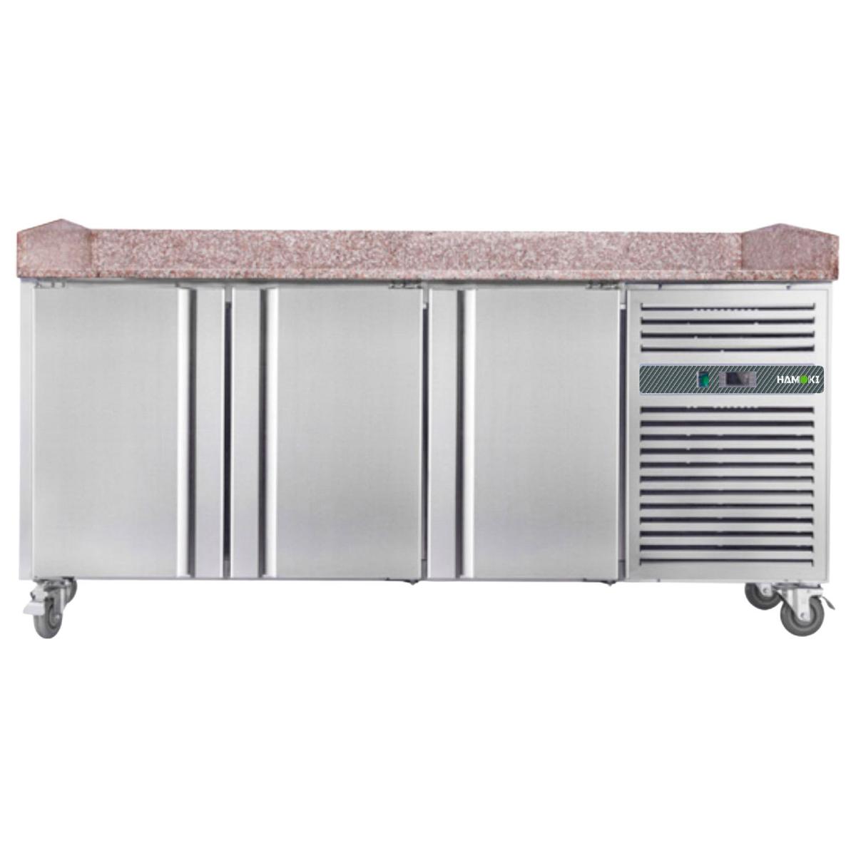 Hamoki PZ3600 3 Door Pizza Prep Counter Fridge - 485 Ltr, Granite Worktop