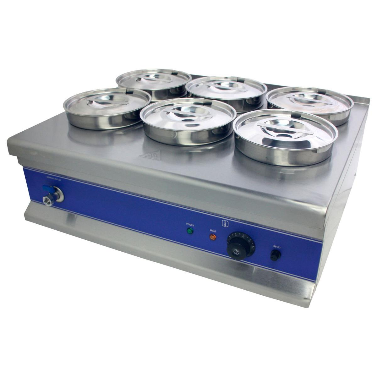 Steelmore Wet Heat Bain Marie with 6 Round Pots - 6 x 4 Ltr, 740mm Wide, 2kW, 13A Plug
