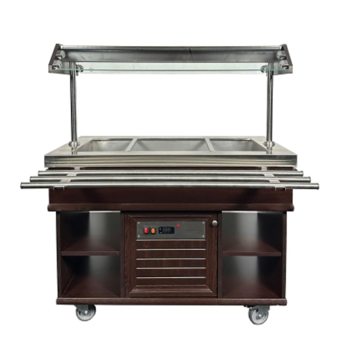 Combisteel Mobile Heated Buffet Bar with Tray Rails & Lit Gantry - 3 x 1/1 GN, Mahogany