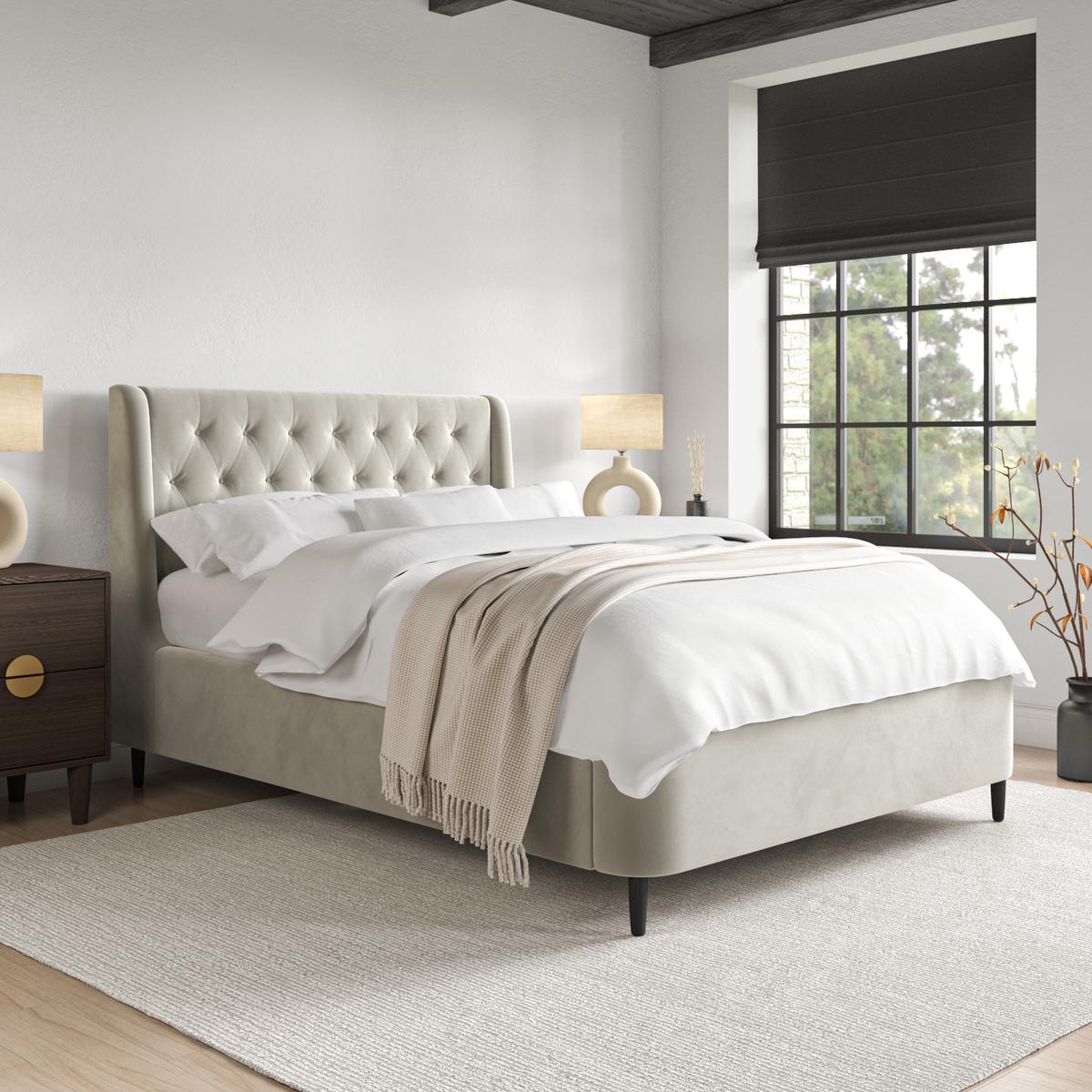 ONLY OPENED - Beige Velvet Double Ottoman Bed With Legs - Amara