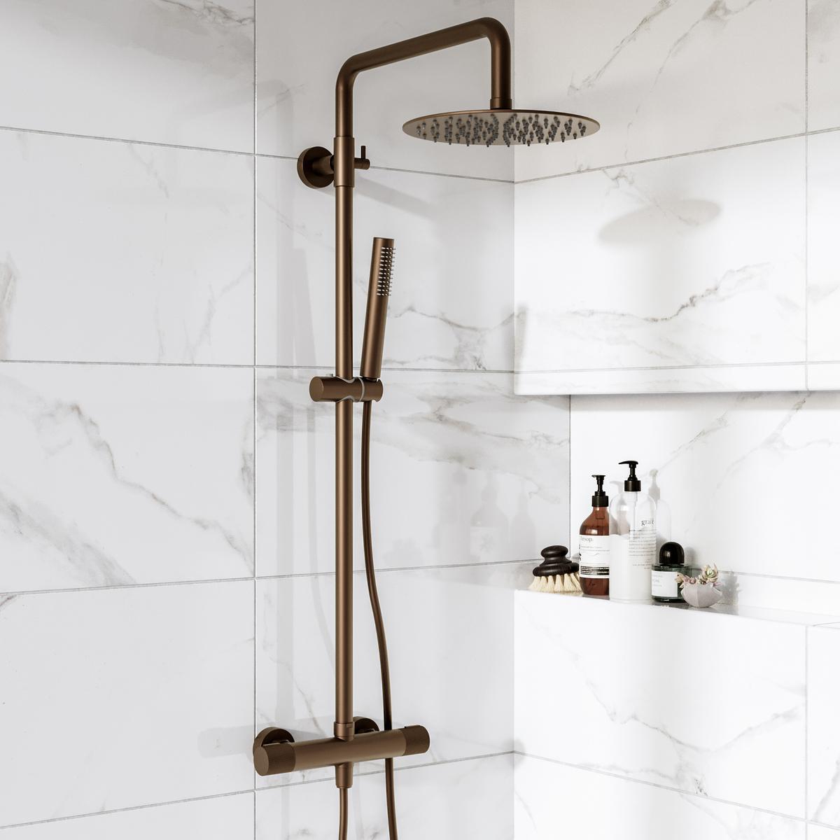 Brushed Bronze 2 Outlet Thermostatic Bar Mixer Shower Set with Hand Shower & Fluted Handles - Arissa
