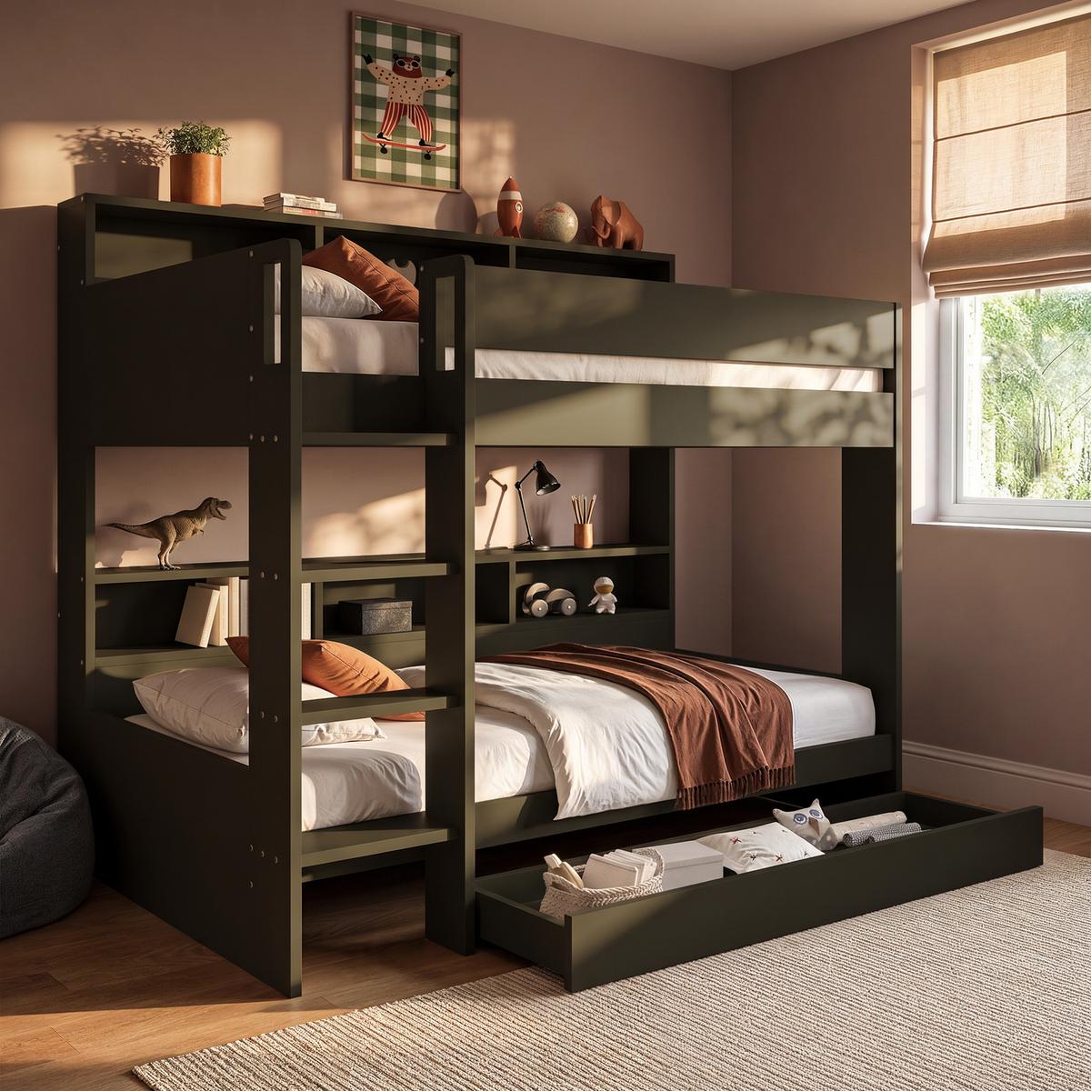 Green Bunk Bed with Storage Shelves and Drawer - Aire