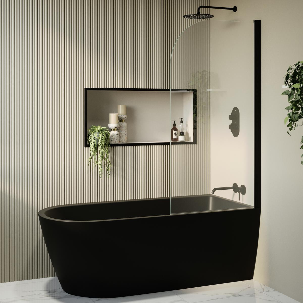 Matt Black Freestanding Shower Bath Single Ended Right Hand Corner with Black Bath Screen 1650 x 800mm - Amaro