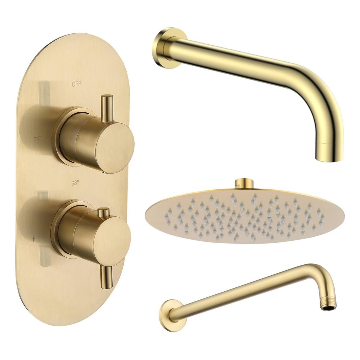 Brushed Brass 2 Outlet Wall Mounted Thermostatic Mixer Shower Set with Bath Filler Spout - Arissa