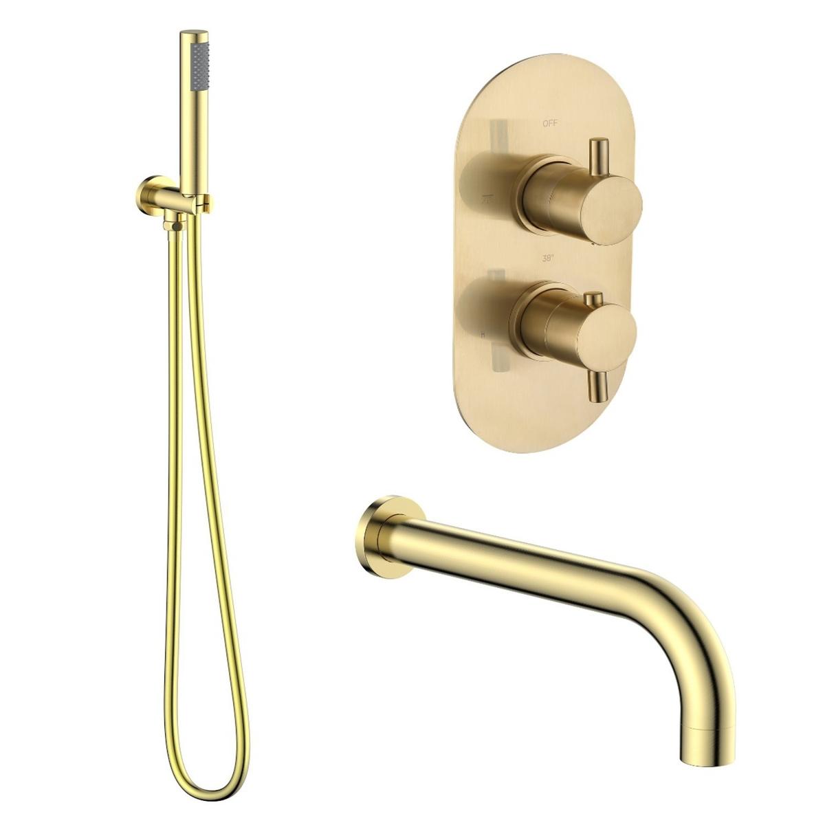 Brushed Brass 2 Outlet Thermostatic Mixer Shower Set with Bath Filler Spout and Hand Shower & Wall Bracket - Arissa