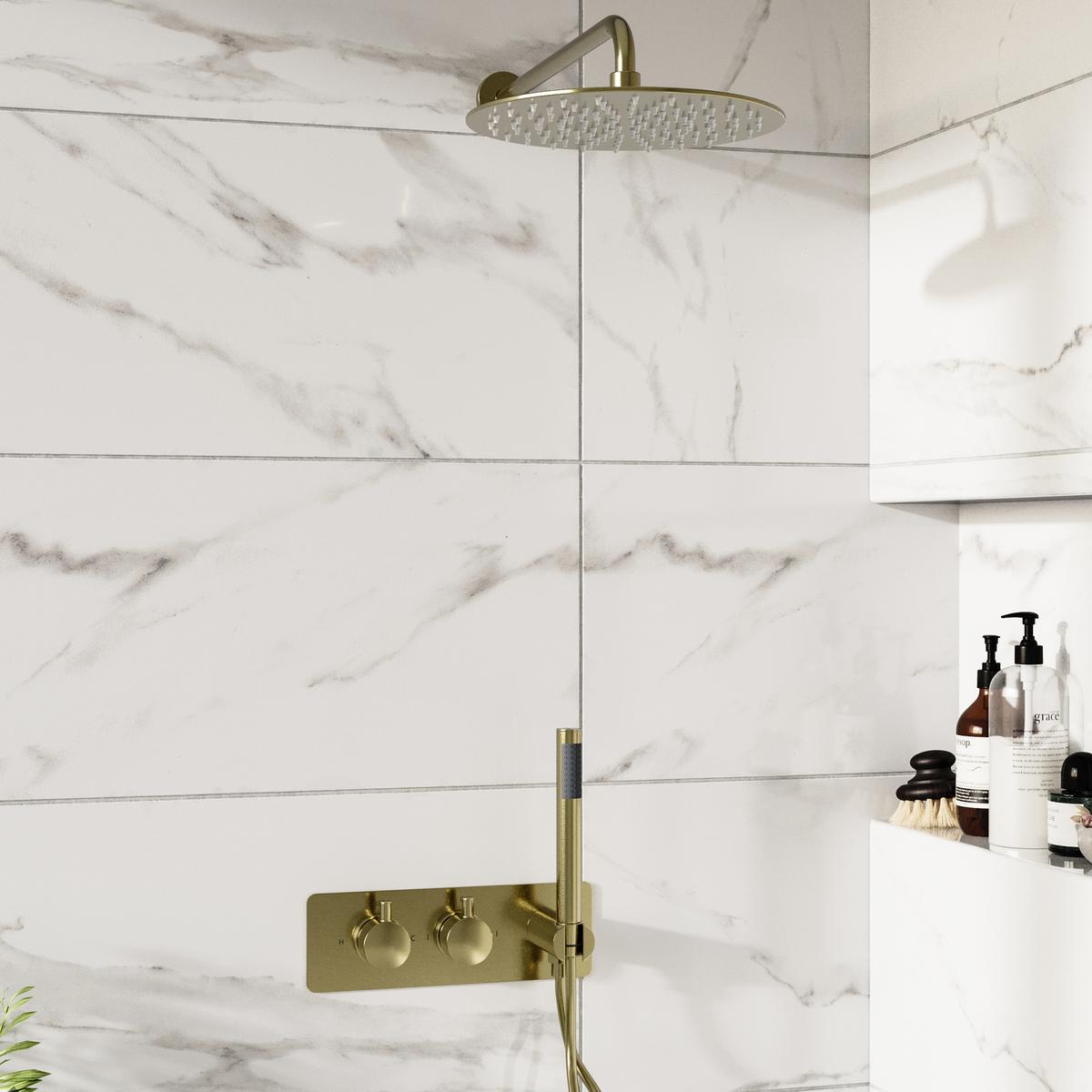 Brushed Brass 2 Outlet Wall Mounted Thermostatic Mixer Shower Set with Integrated Hand Shower - Arissa
