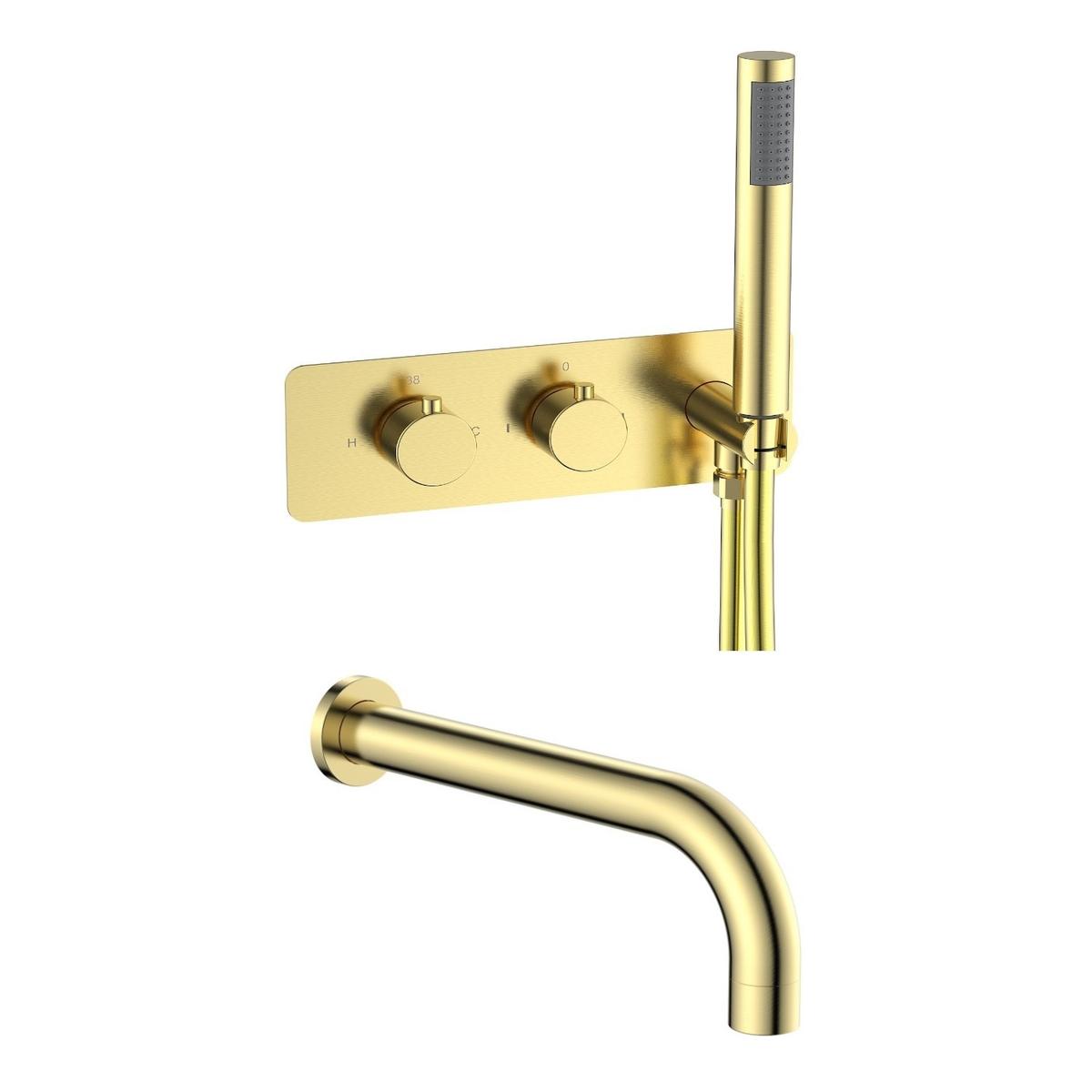 Brushed Brass 2 Outlet Thermostatic Mixer Shower Set with Bath Filler Spout and Integrated Hand Shower - Arissa