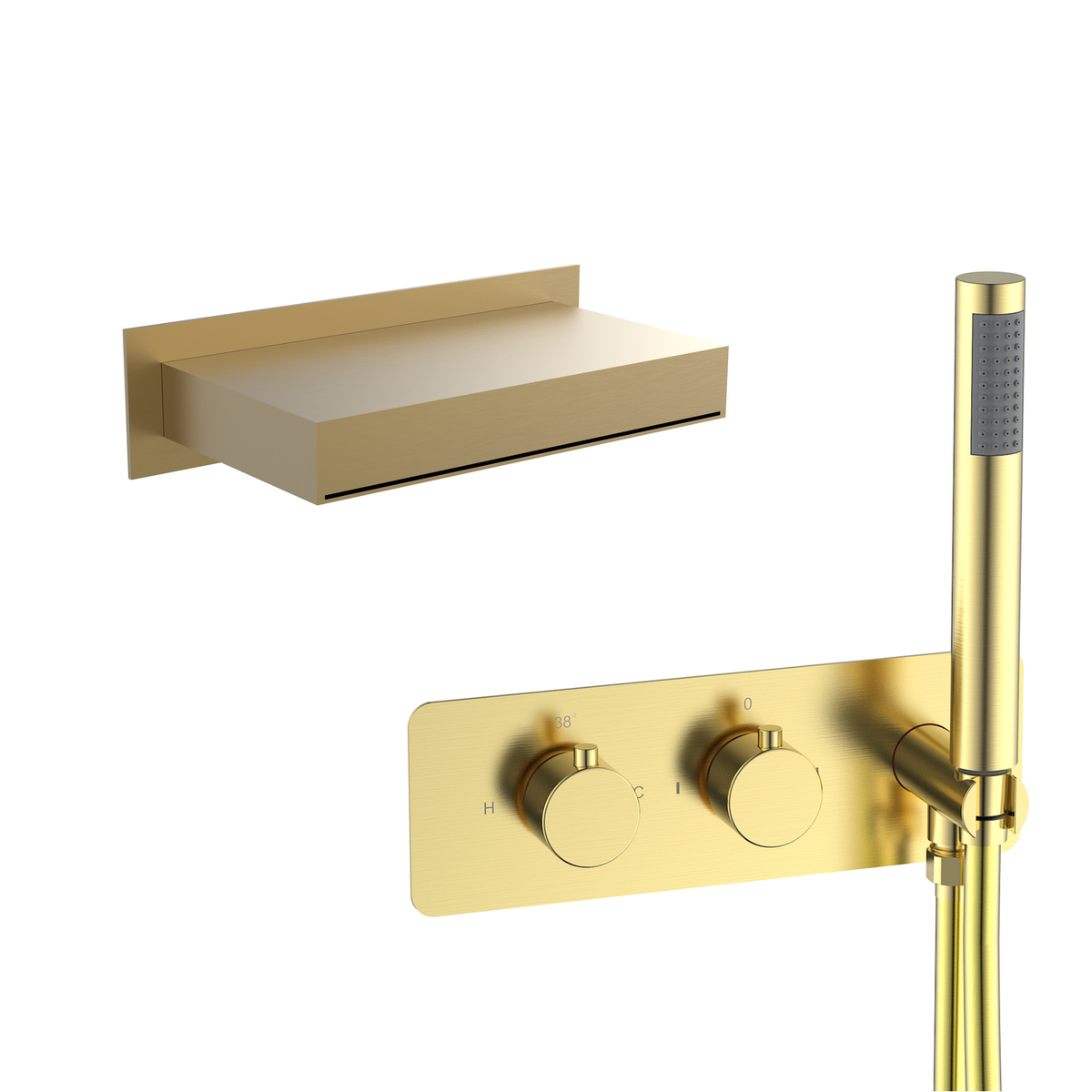 Brushed Brass 2 Outlet Thermostatic Mixer Shower Set with Square Bath Filler Spout and Integrated Hand Shower - Zana