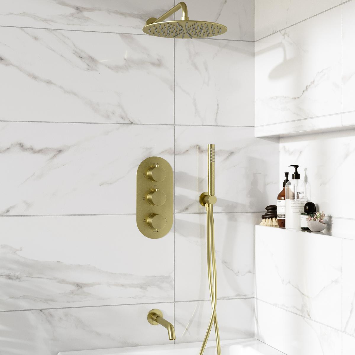 Brass 3 Outlet Wall Mounted Thermostatic Mixer Shower Set with Round Bath Filler Spout and Hand Shower - Arissa