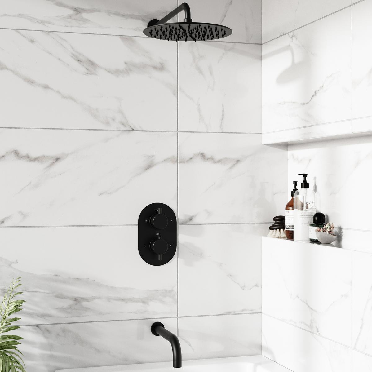 Black 2 Outlet Wall Mounted Thermostatic Mixer Shower Set with Bath Filler Spout - Arissa