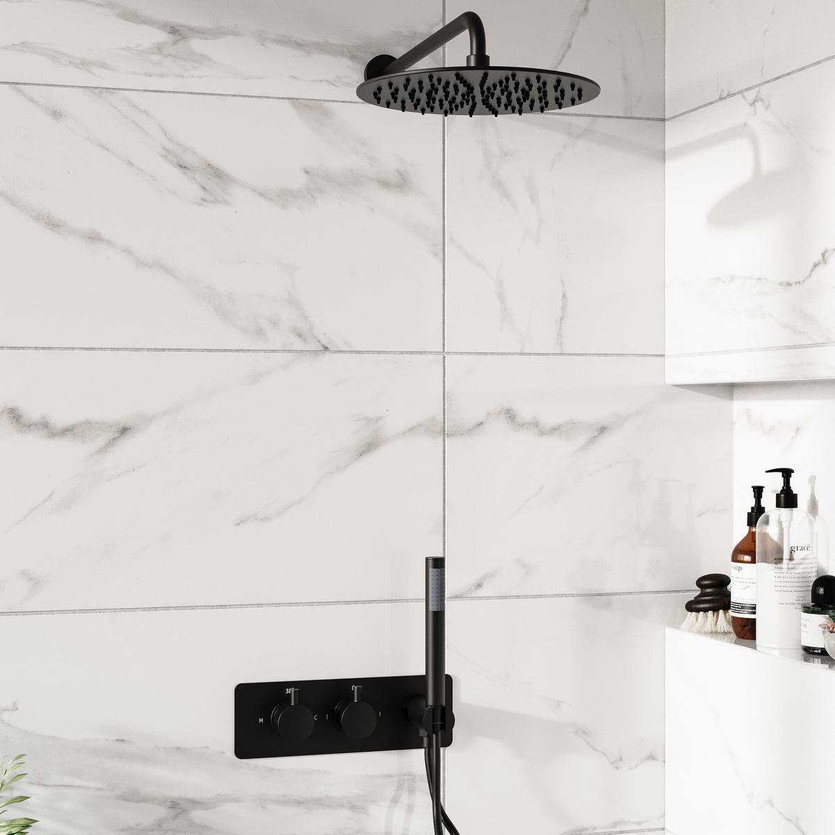 Black 2 Outlet Wall Mounted Thermostatic Mixer Shower Set with Integrated Hand Shower - Arissa
