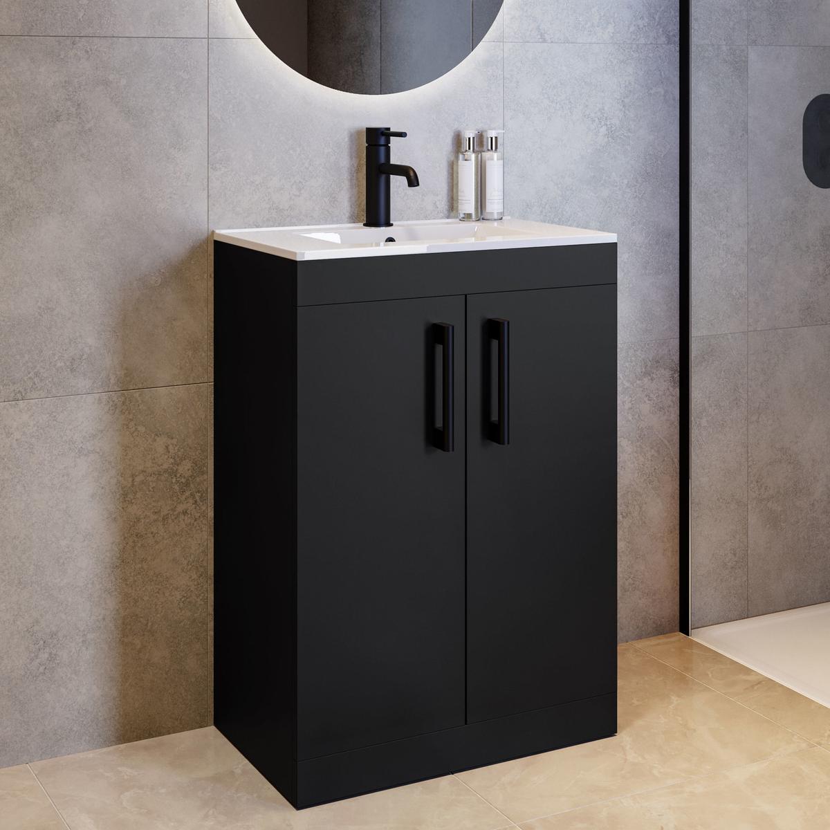 600mm Black Freestanding Vanity Unit with Basin and Black Handles - Ashford