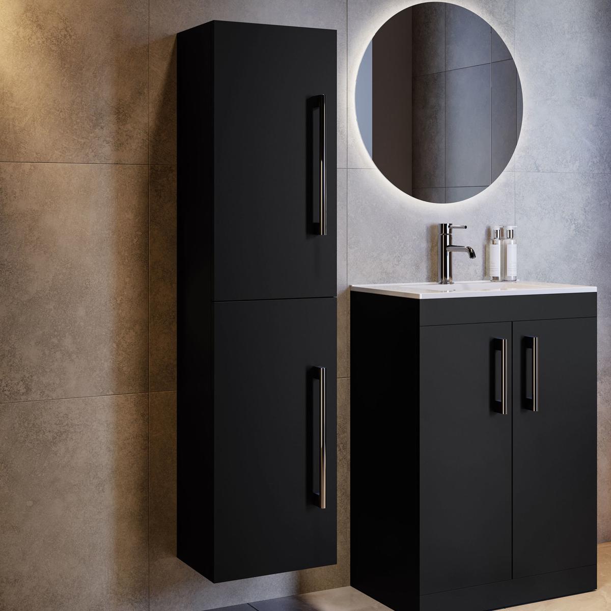 Double Door Black Wall Mounted Tall Bathroom Cabinet with Chrome Handles 350 x 1400mm - Ashford