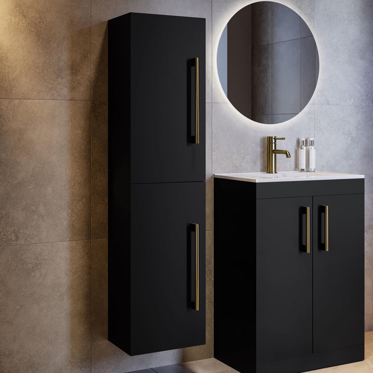 Double Door Black Wall Mounted Tall Bathroom Cabinet with Brass Handles 350 x 1400mm - Ashford