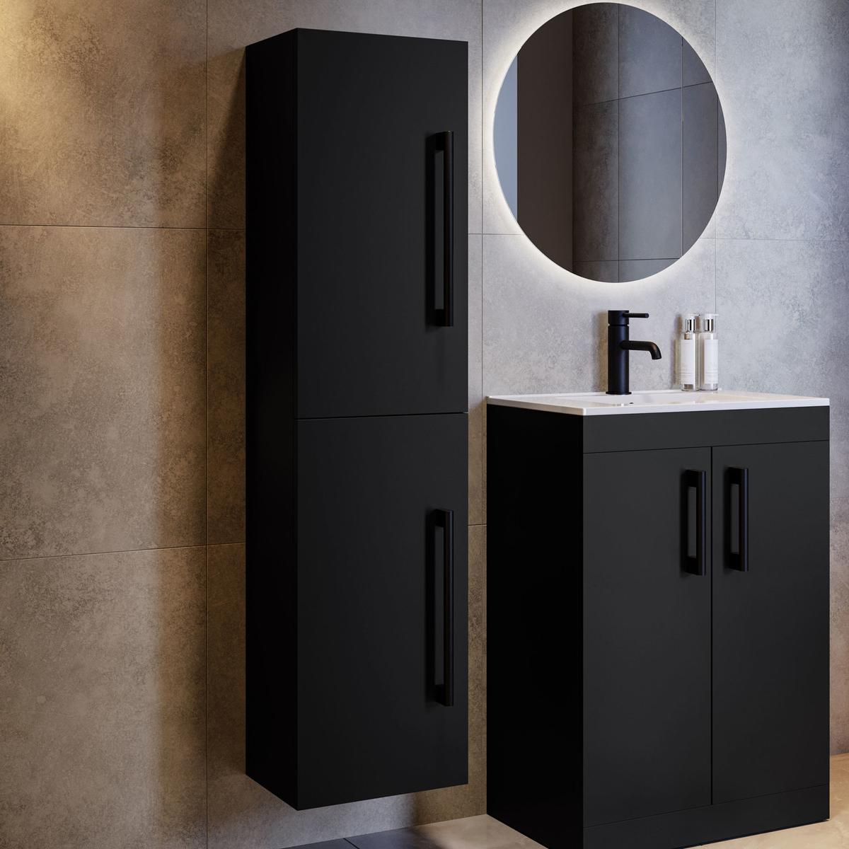 Double Door Black Wall Mounted Tall Bathroom Cabinet with Black Handles 350 x 1400mm - Ashford