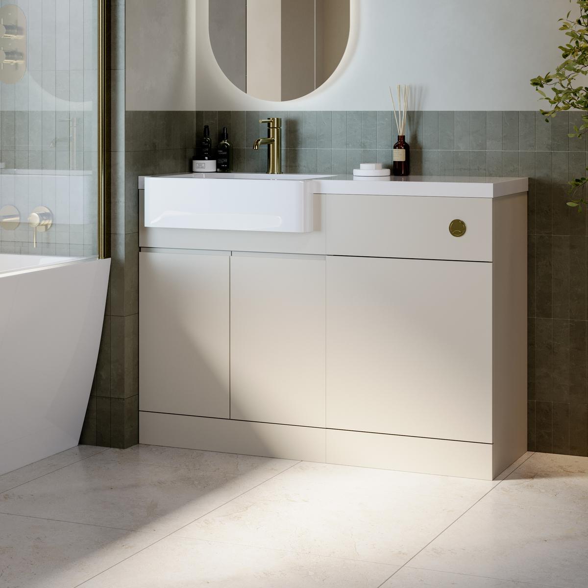 1100mm Beige Left Hand Toilet and Sink Unit with Brass Fittings - Unit & Basin Only - Bali