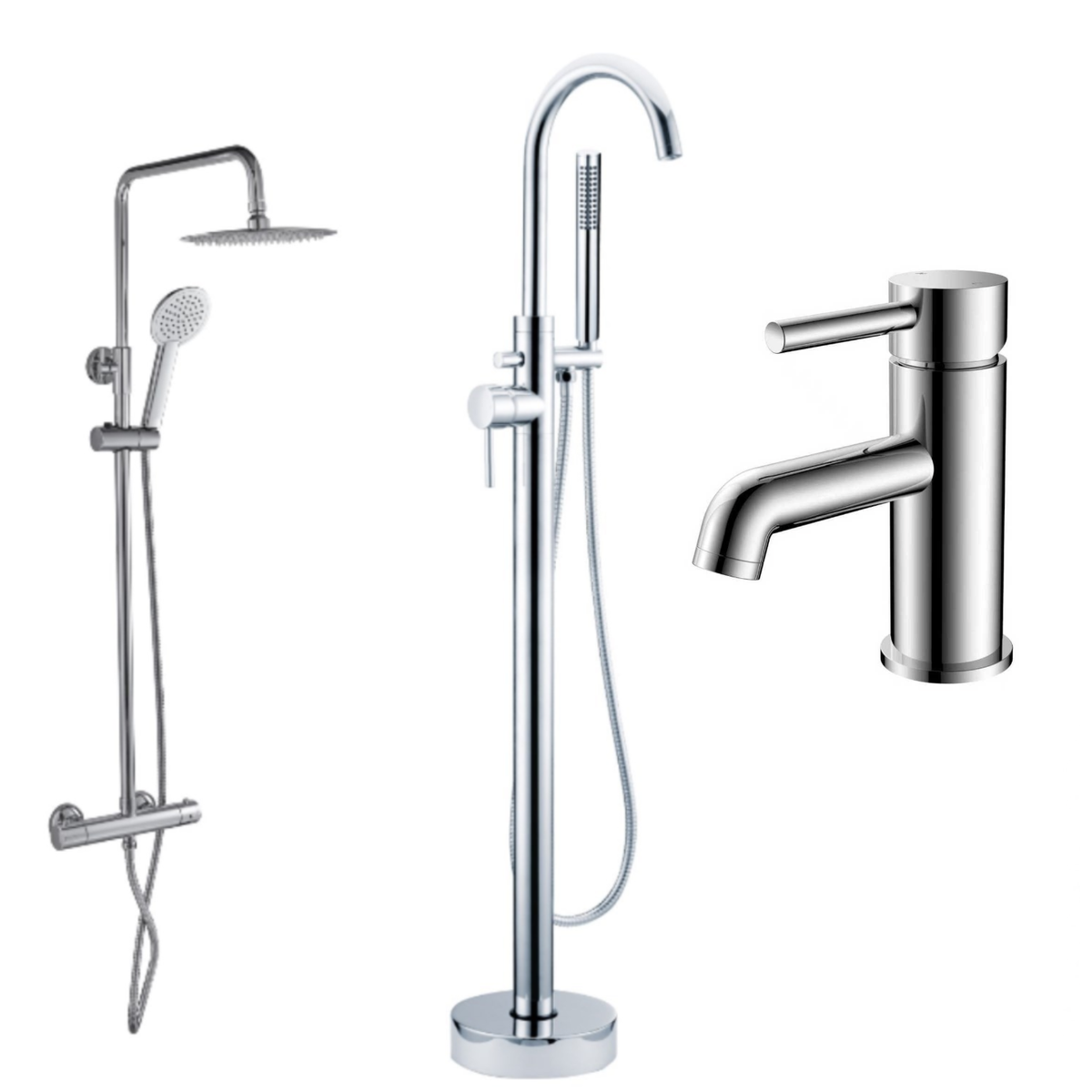 Chrome Mixer Shower with Freestanding Bath and Basin Tap Set - Arissa