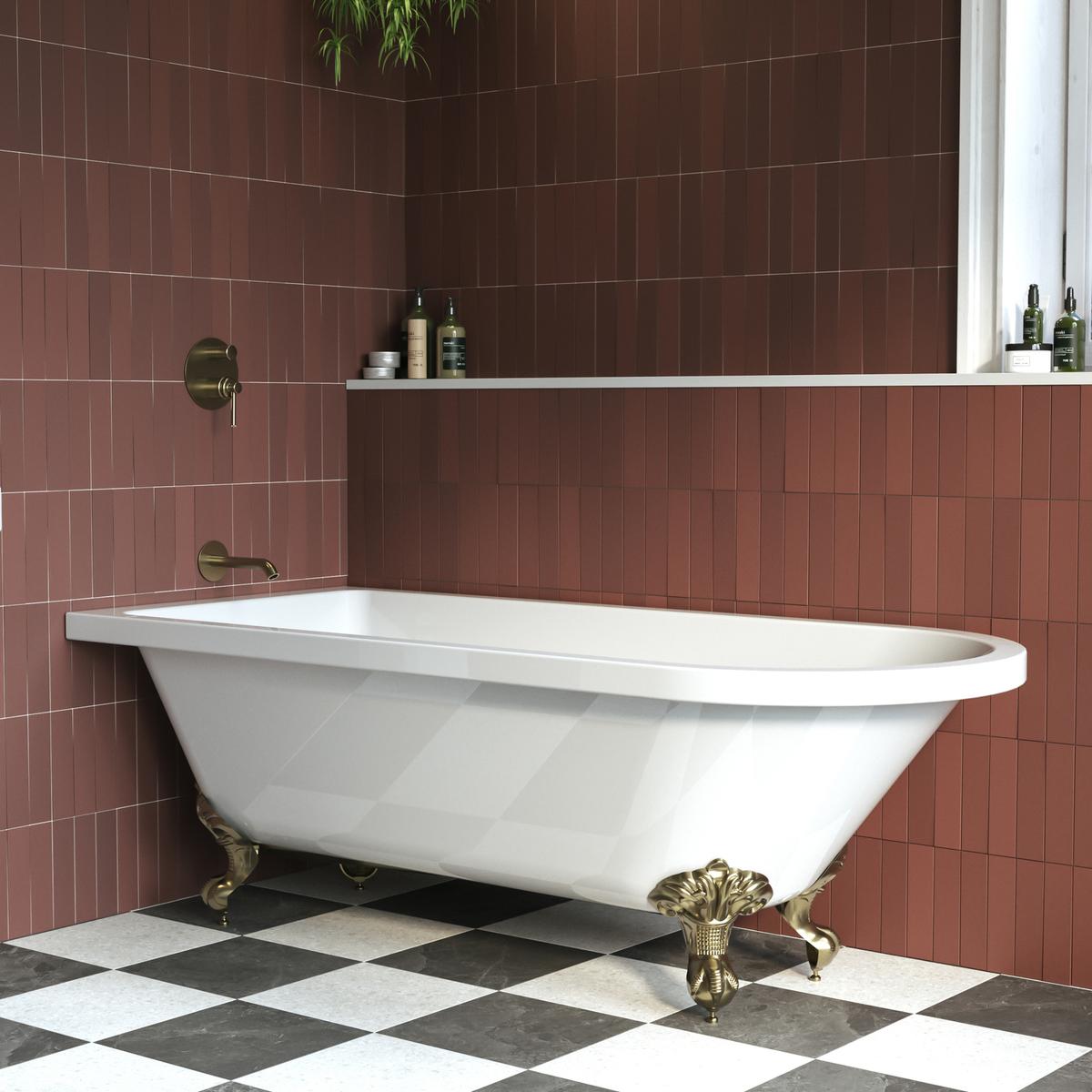 Freestanding Single Ended Shower Bath with Brushed Brass Screen & Feet 1670 x 740 mm - Park Royal