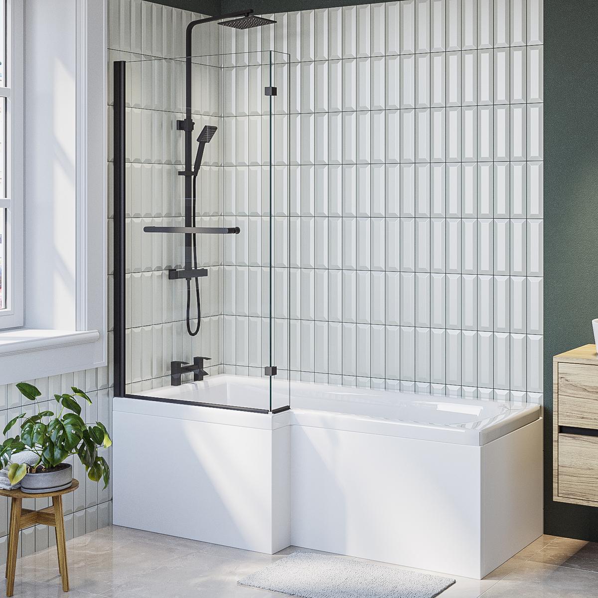 L Shaped Shower Bath with Front Panel & Matt Black Bath Screen with Towel Rail, Left Hand 1500 x 850mm - Lomax