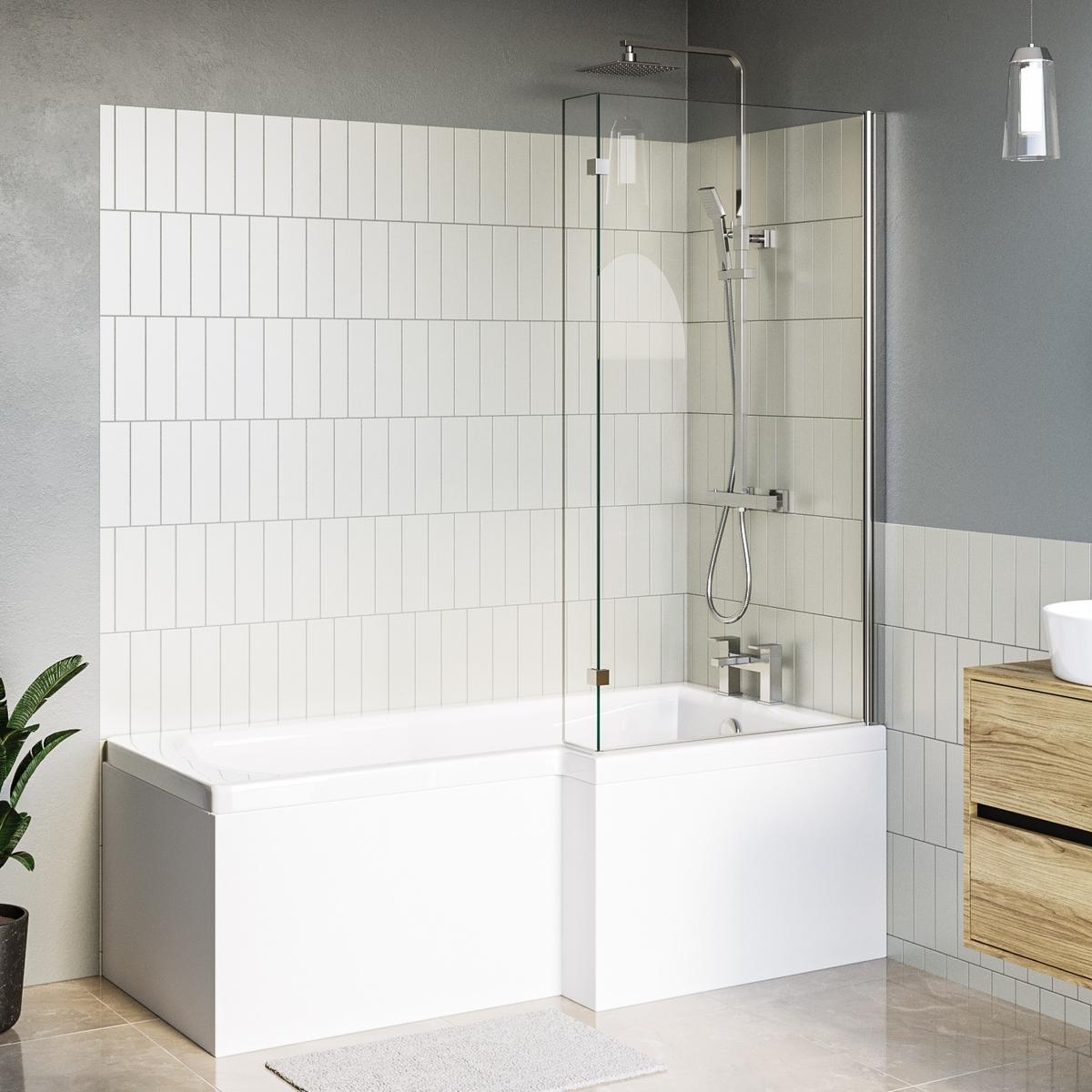 L Shaped Shower Bath with Front Panel & Chome Bath Screen, Right Hand 1500 x 850mm - Lomax