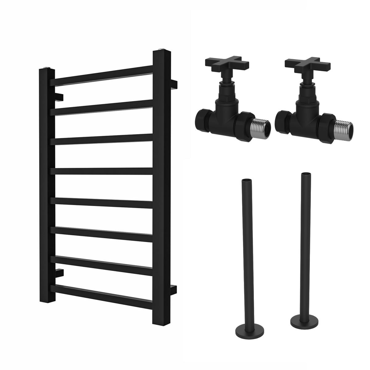 Black Towel Radiator 800 x 500mm with Pipe Kit and Straight Valves - Sonoran