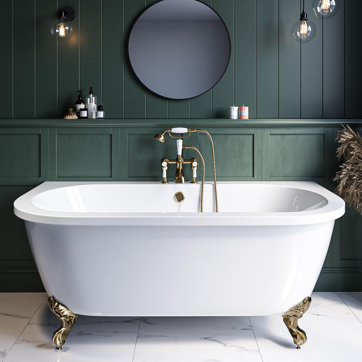 Grade A1 - Freestanding Double Ended Back to Wall Bath with Brushed Brass Feet 1700 x 745mm - Park Royal