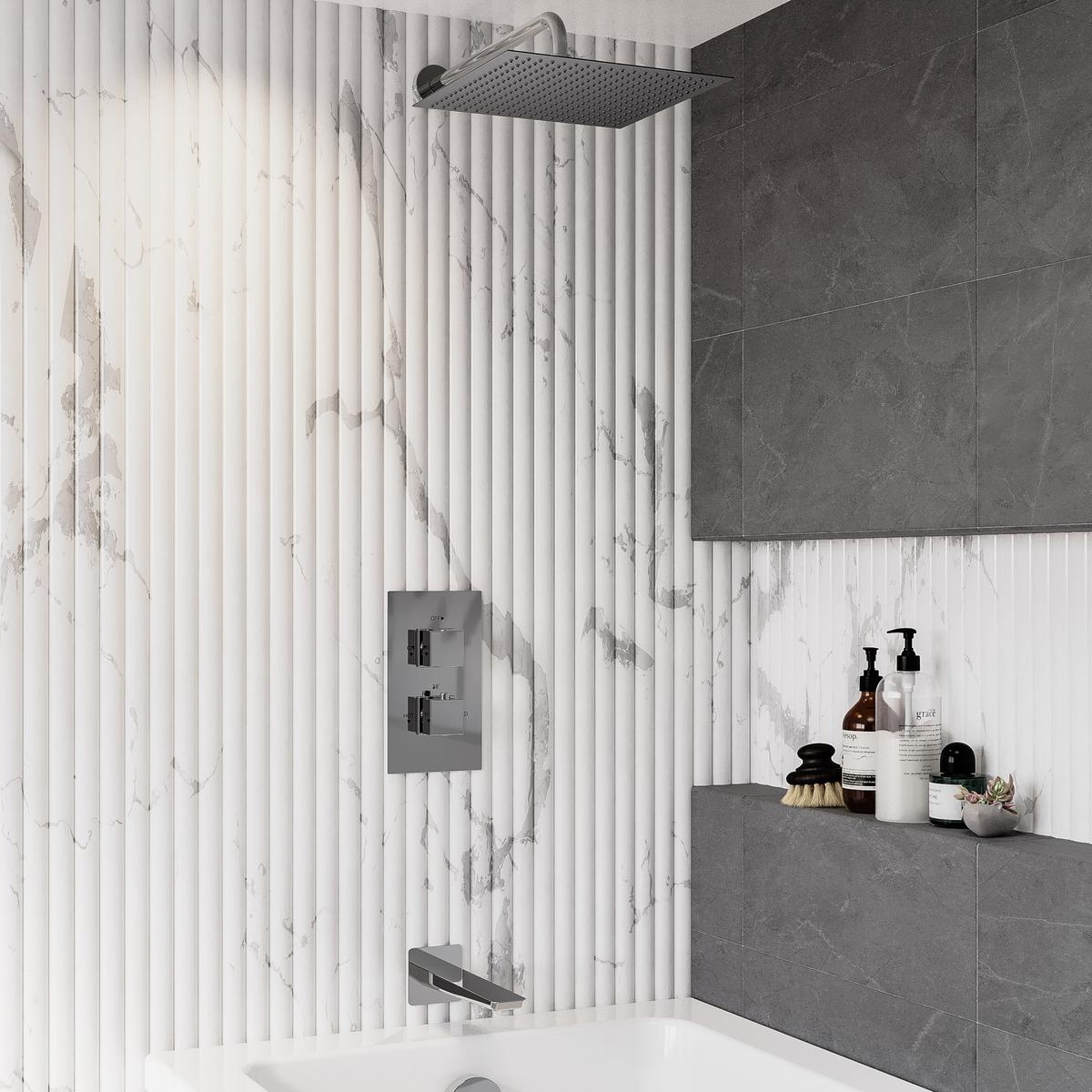 Chrome 2 Outlet Wall Mounted Thermostatic Bath Mixer Shower Set with Bath Filler Spout - Zana