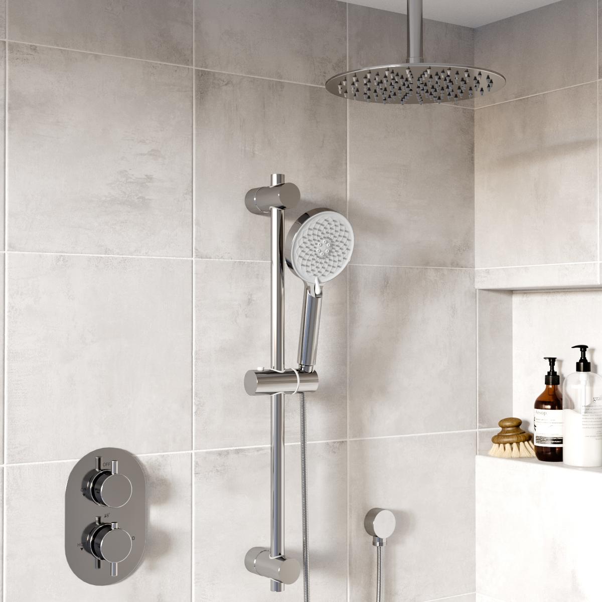 Chrome 2 Outlet Ceiling Mounted Shower Head Thermostatic Mixer Shower Set with Hand Shower & Slide Rail Kit - Arissa