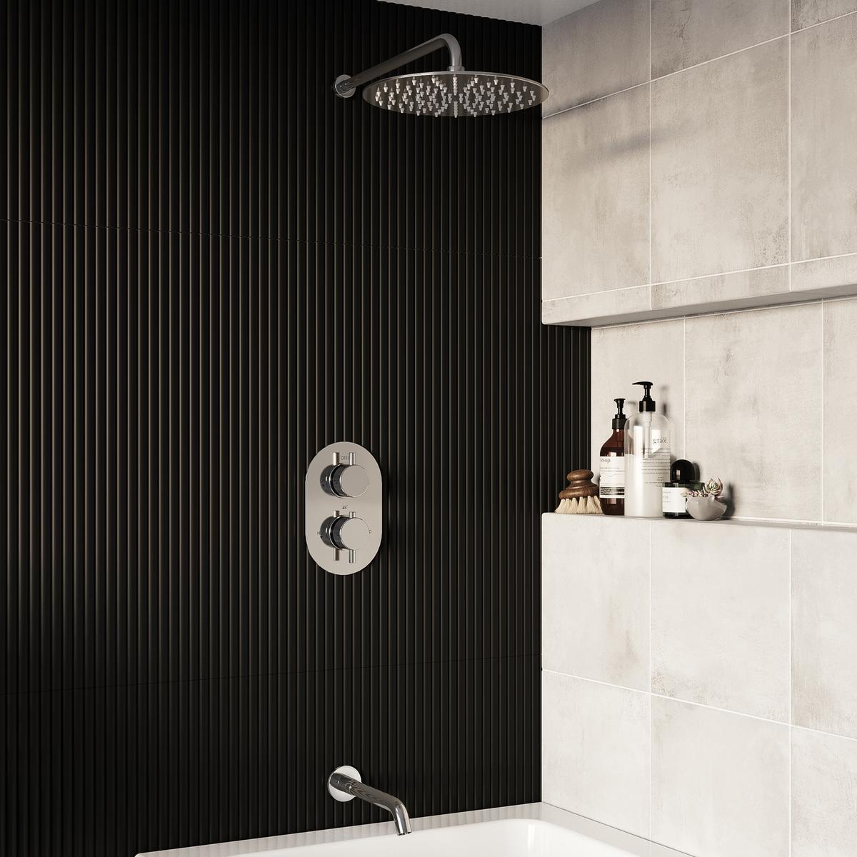 Chrome 2 Outlet Wall Mounted Thermostatic Mixer Shower Set with Bath Filler Spout - Arissa