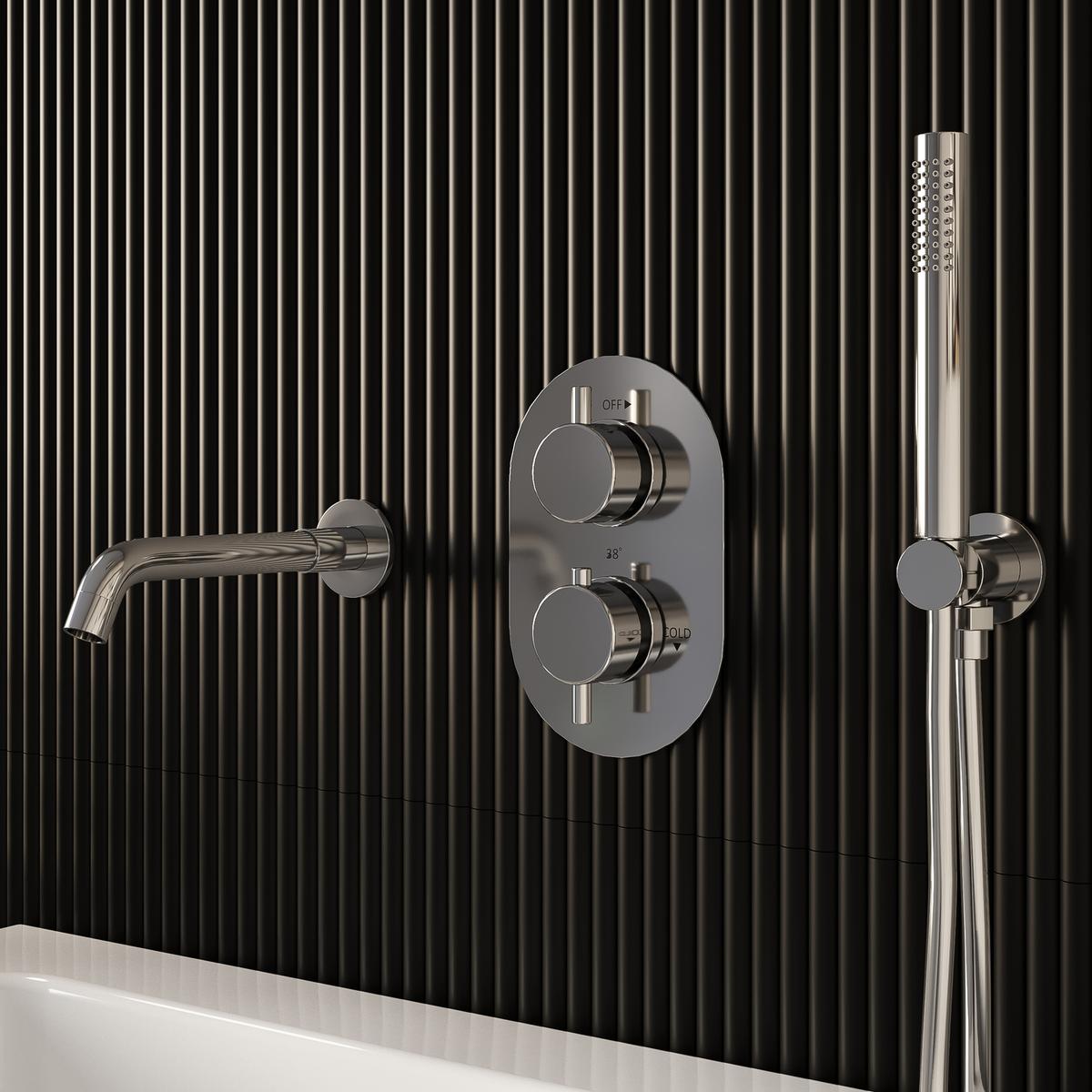 Chrome 2 Outlet Thermostatic Mixer Shower Set With Hand Shower and Pencil Bath Filler Spout - Arissa