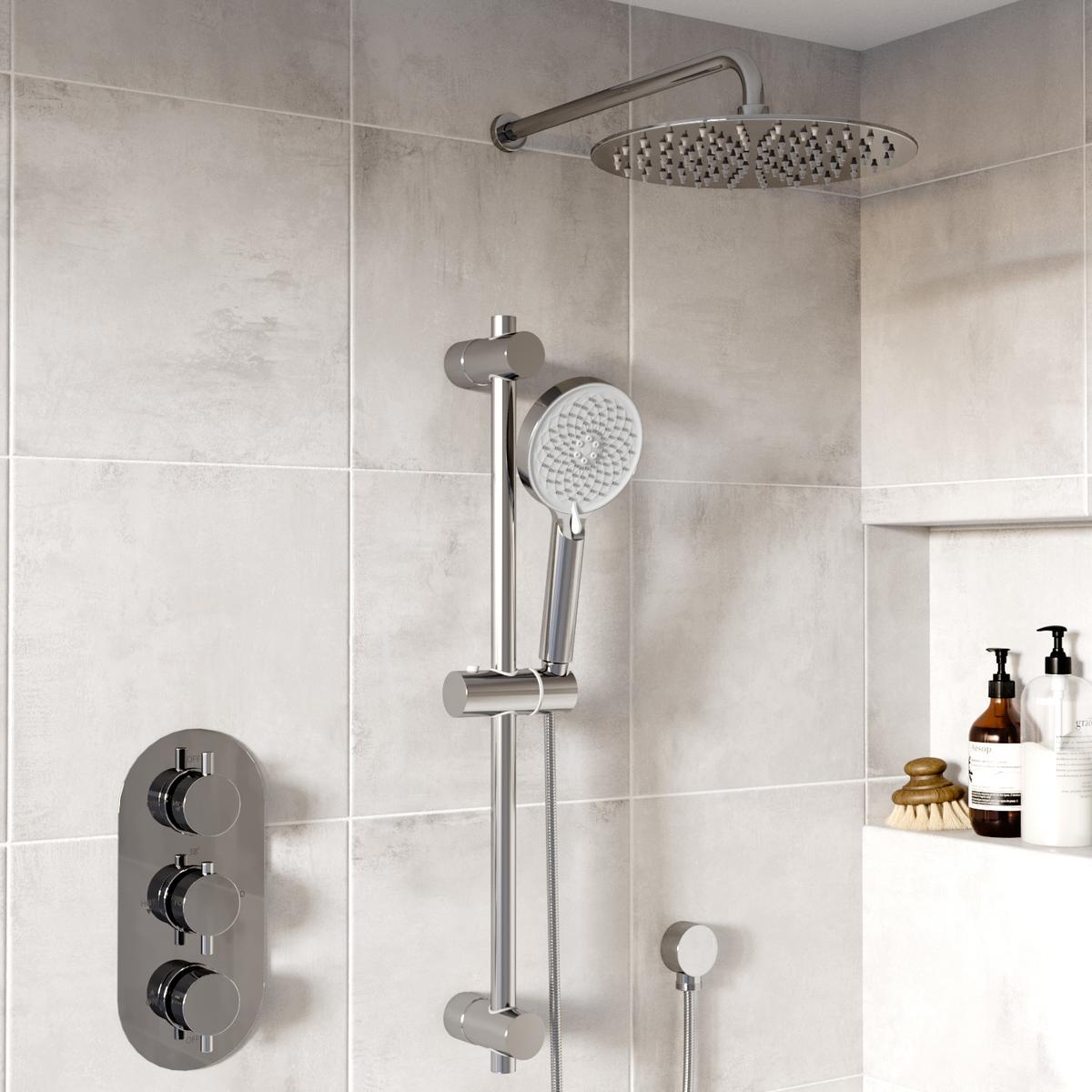 Chrome 2 Outlet Wall Mounted Shower Head Thermostatic Mixer Shower Set with Hand Shower -Diverter Control- Arissa