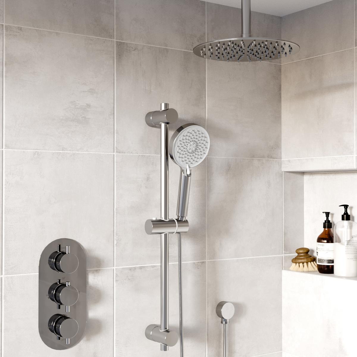 Chrome 2 Outlet Ceiling Mounted Shower Head Thermostatic Mixer Shower Set with Hand Shower - Diverter Control- Arissa