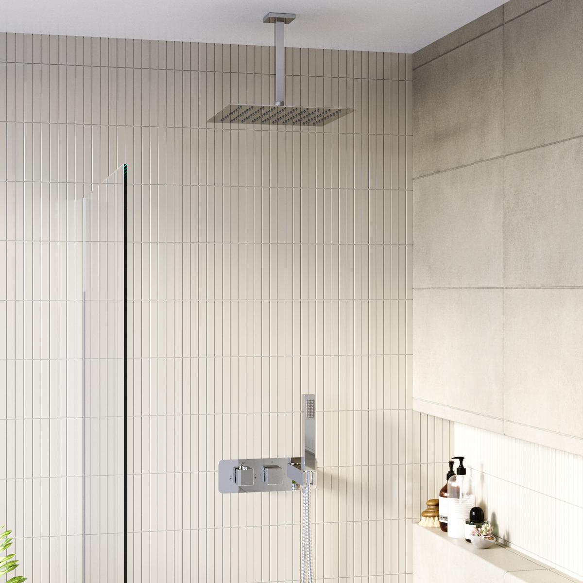 Chrome 2 Outlet Ceiling Mounted Thermostatic Mixer Shower Set with Integrated Hand Shower - Cube