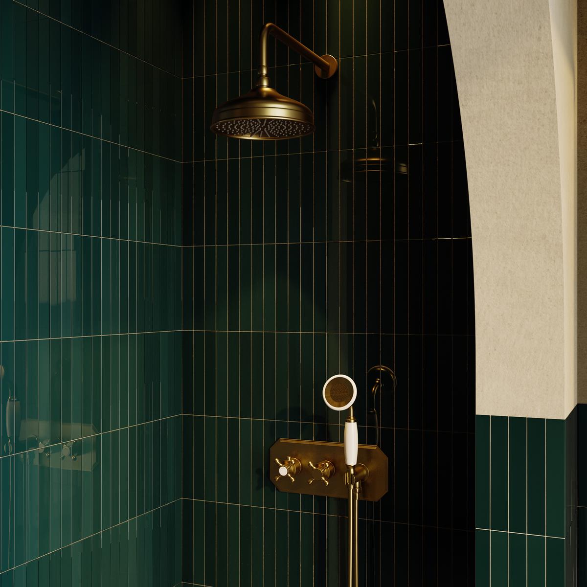 Brushed Brass 2 Outlet Thermostatic Wall Mounted Mixer Shower Set with Integrated Hand Shower - Cambridge