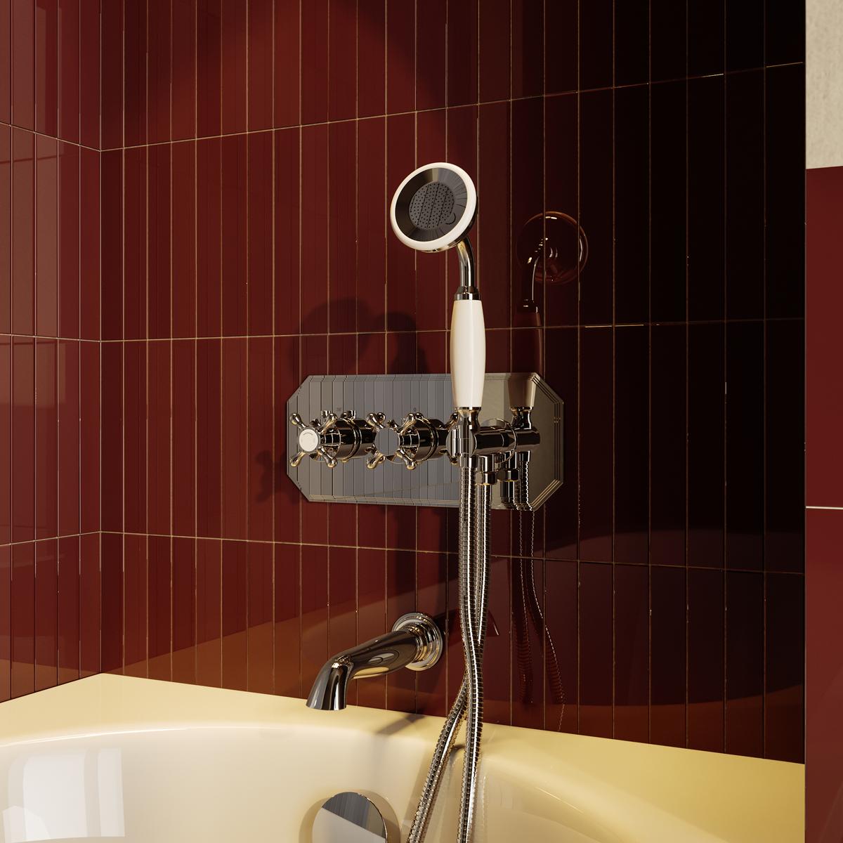 Chrome 2 Outlet Thermostatic Mixer Shower Set with Bath Filler Spout & Integrated Hand Shower - Cambridge