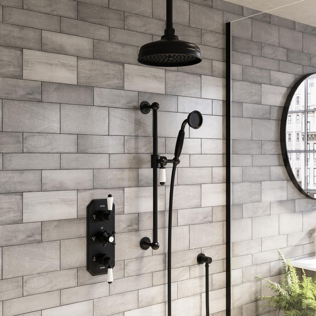 Black 2 Outlet Ceiling Mounted Thermostatic Mixer Shower Set with Hand Shower & Slide Rail Kit - Cambridge