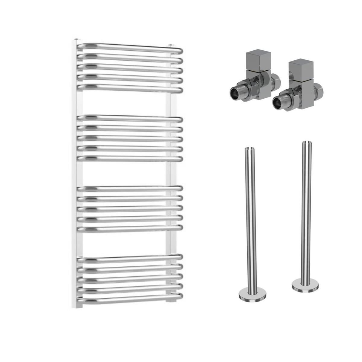 Chrome Curved Towel Radiator 1000 x 500mm with Pipe Kit and Straight Valves - Ember