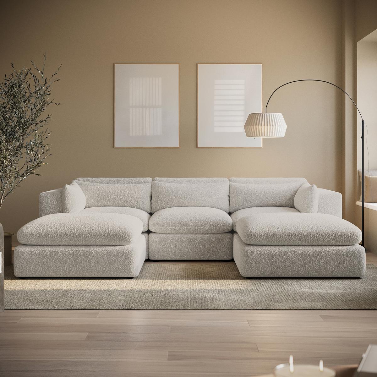 Beige Boucle 5 Seater U-Shape Sofa - Hudson