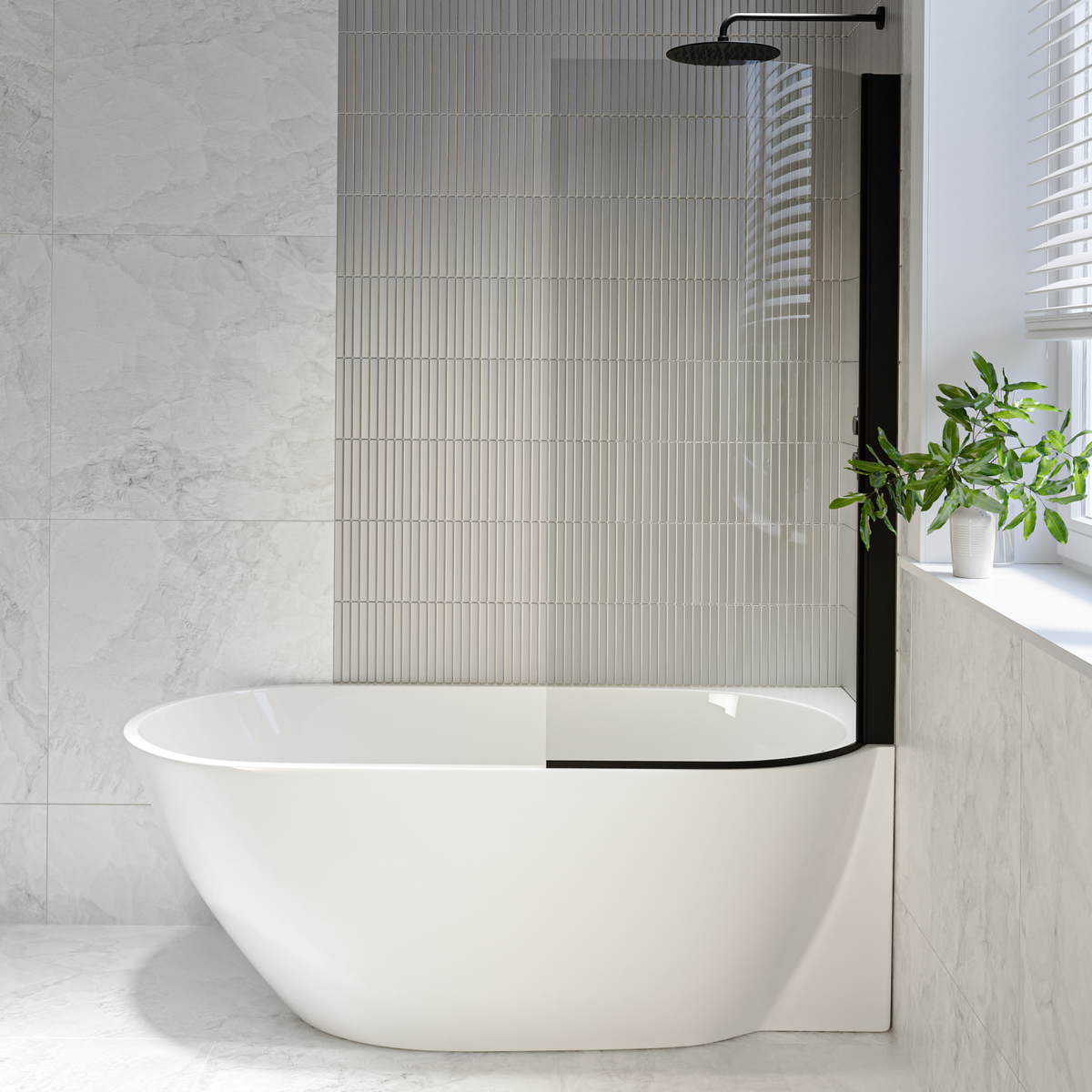 Freestanding Shower Bath Single Ended Right Hand Corner with Black Bath Screen 1650 x 740mm - Lisbon