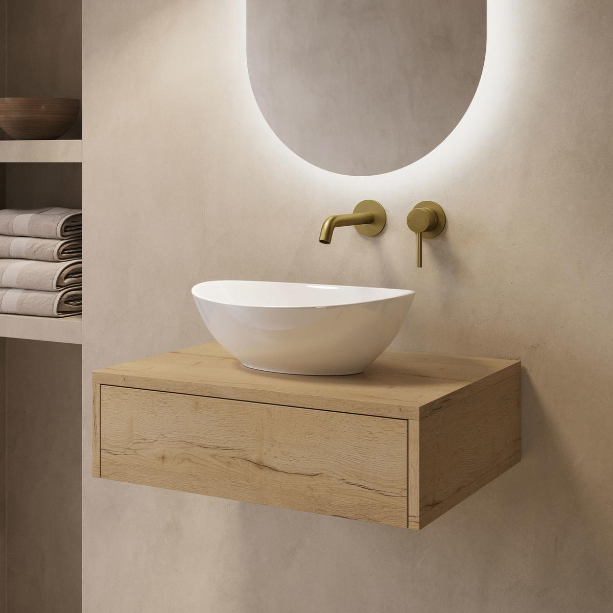 600mm Oak Wood Effect Wall Hung Countertop Vanity Unit with Oval Basin - Lugo