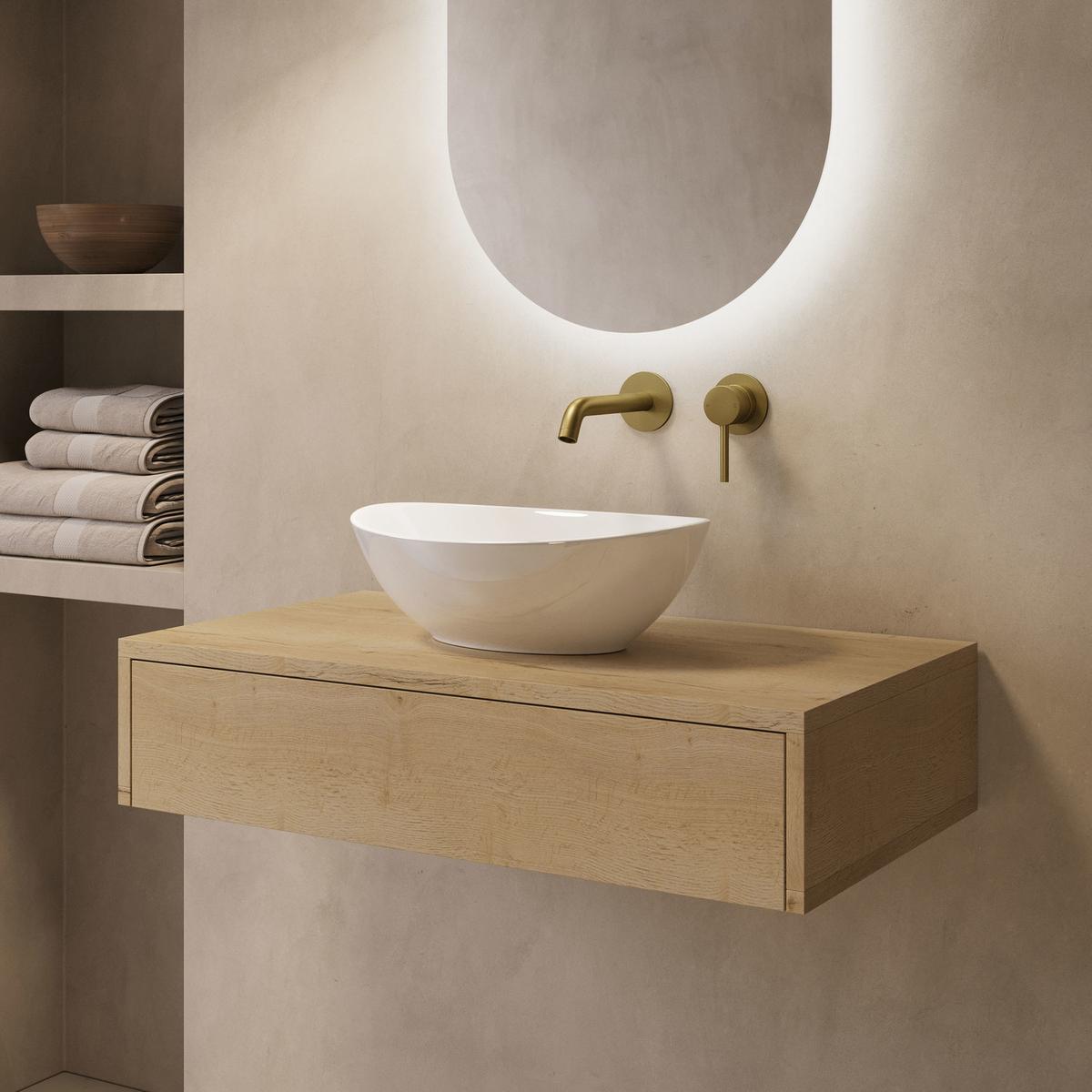 800mm Oak Wood Effect Wall Hung Countertop Vanity Unit with Oval Basin - Lugo